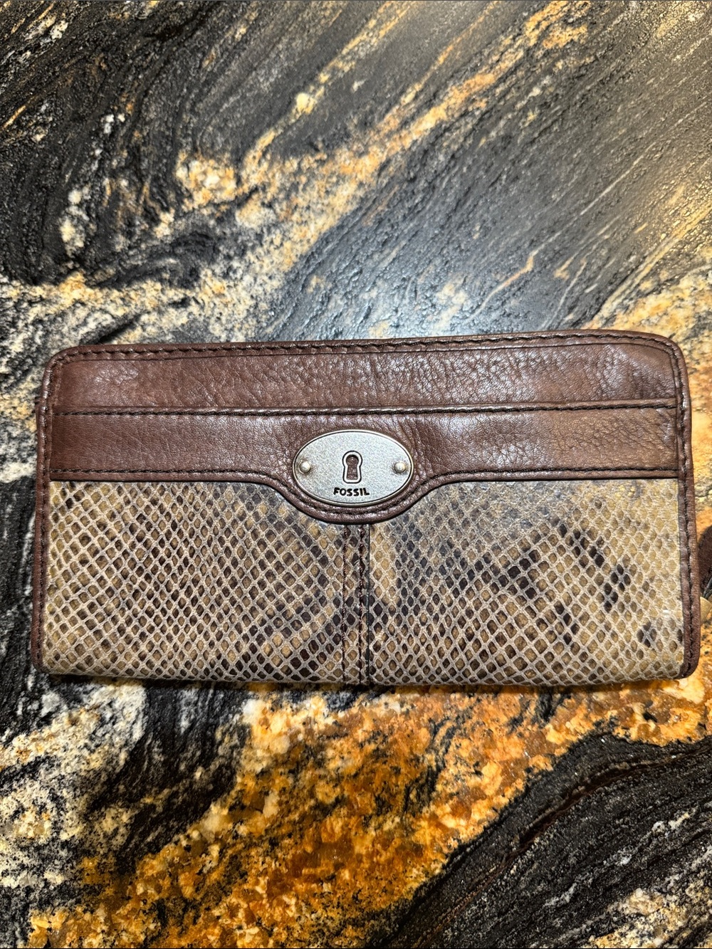 Fossil Brown Leather Wallet with Snake-Print Panel